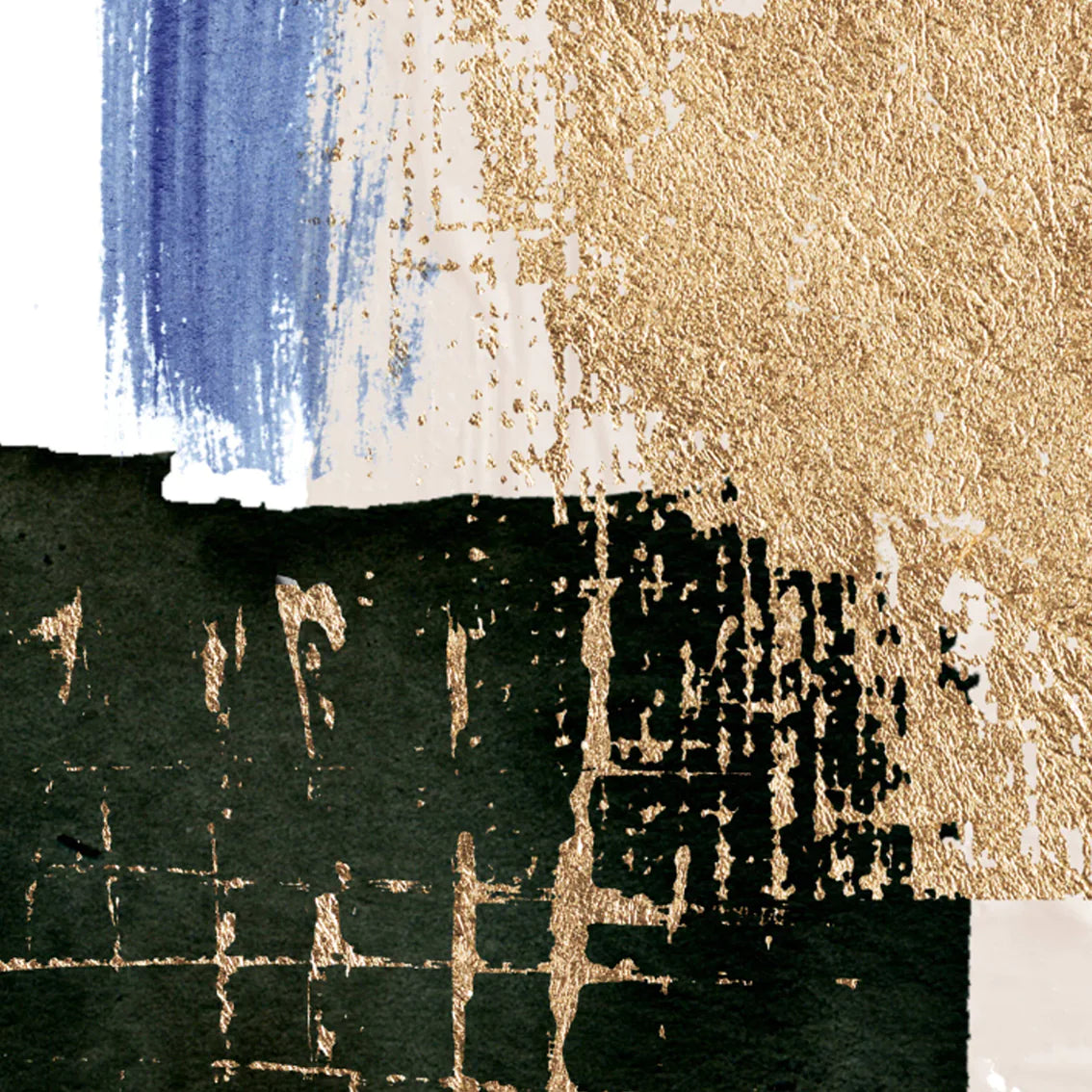 Triptych of textured blue and gold abstract paintings