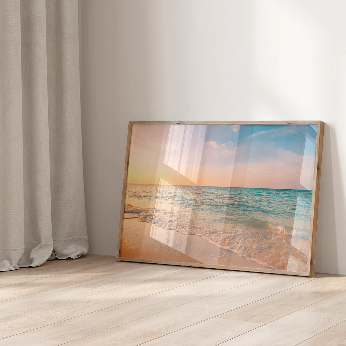 Serene beach at sunset with soft waves and pastel sky art print