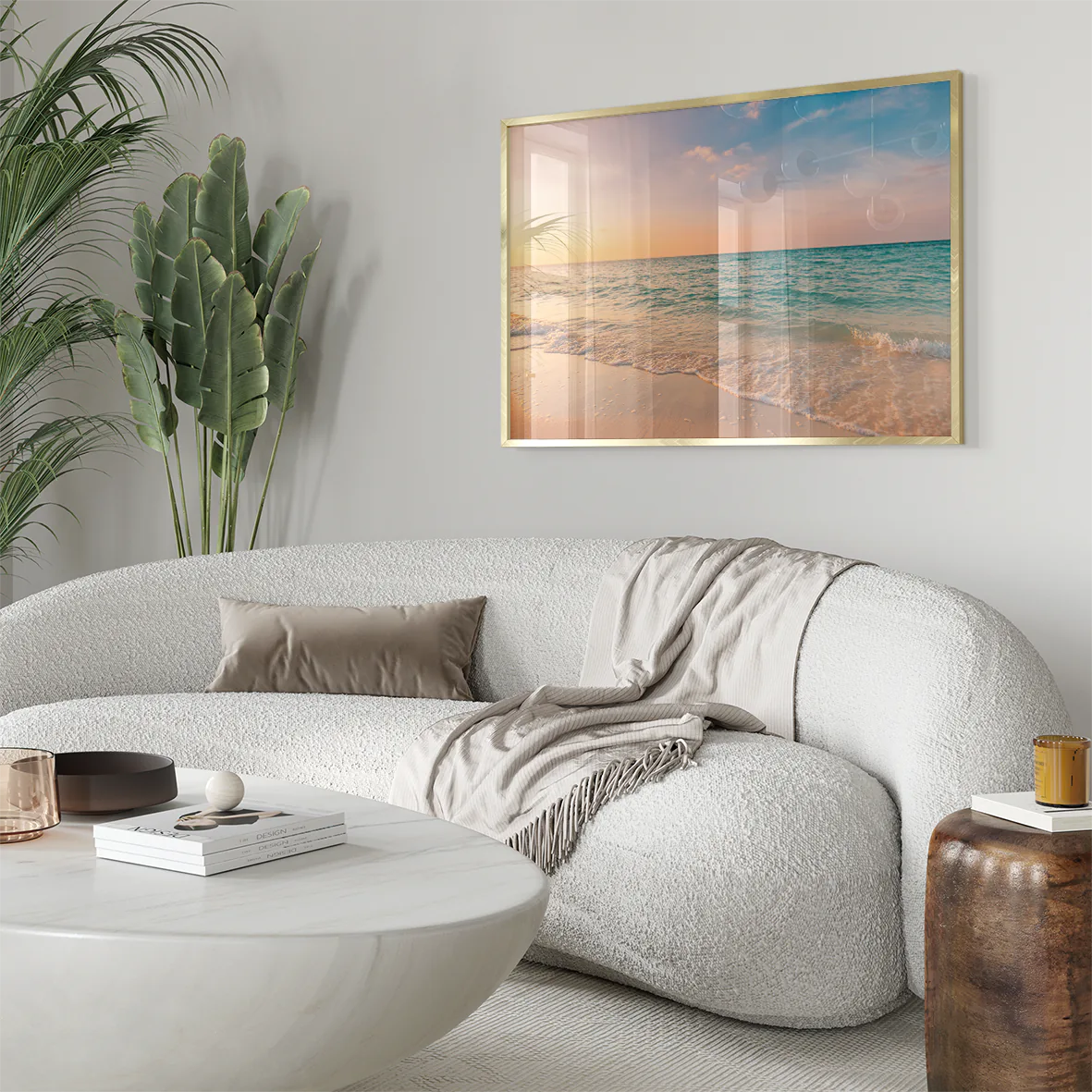 Serene beach at sunset with soft waves and pastel sky art print