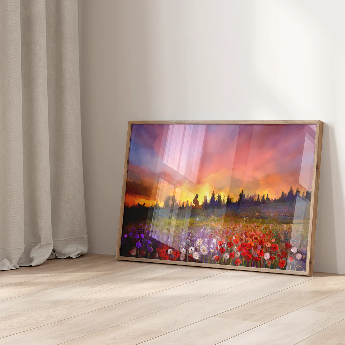 Vibrant sunset over flower field art print 1