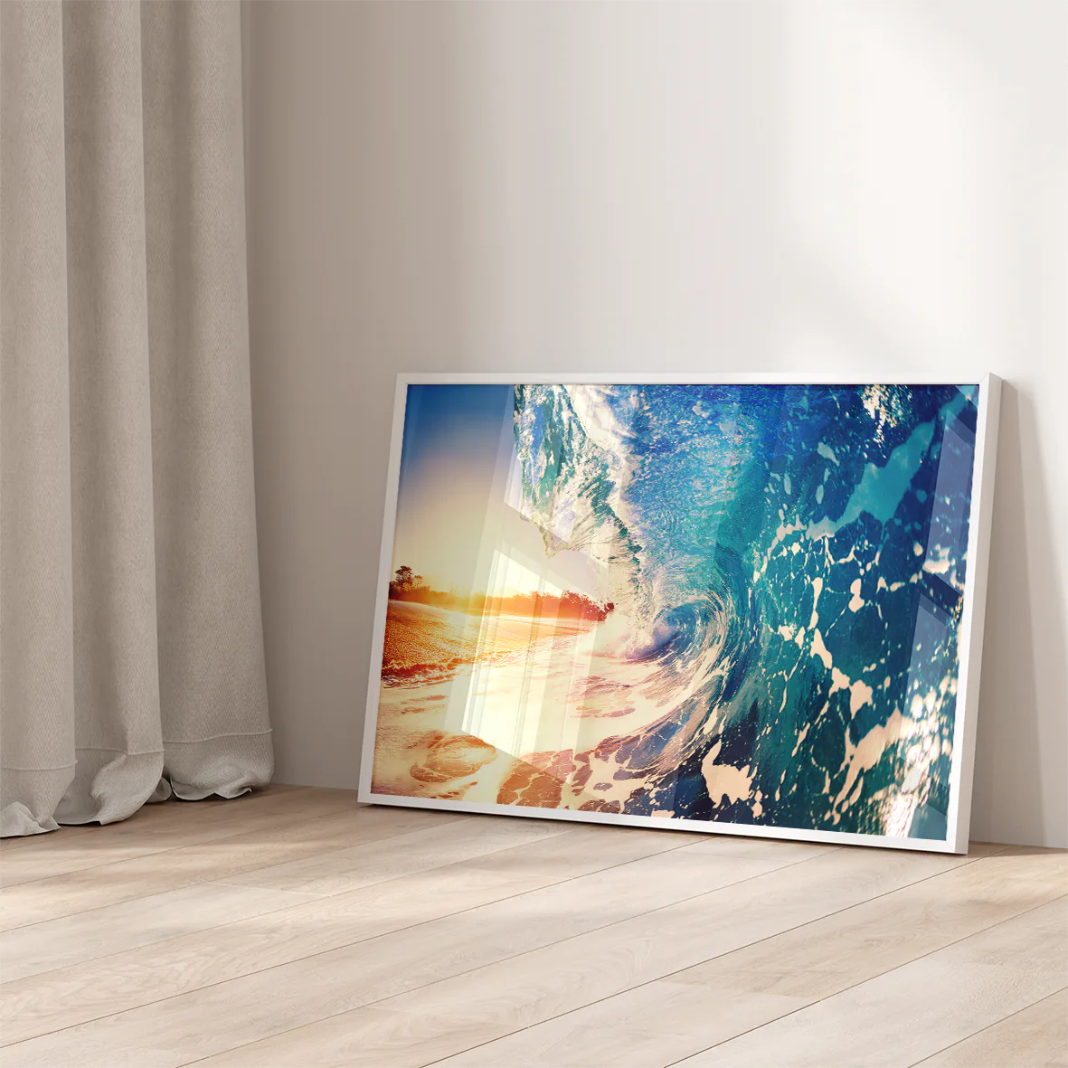 Coastal wall art featuring a sunlit wave