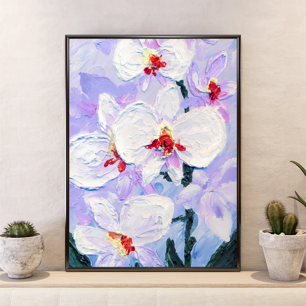 Textured impasto painting of white orchids