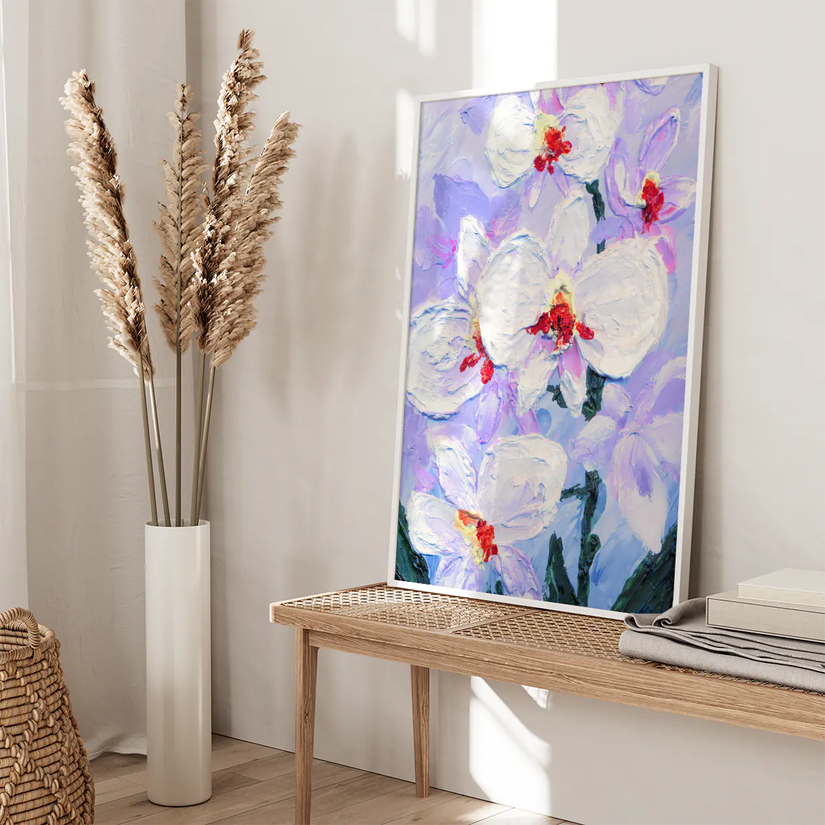 Textured impasto painting of white orchids