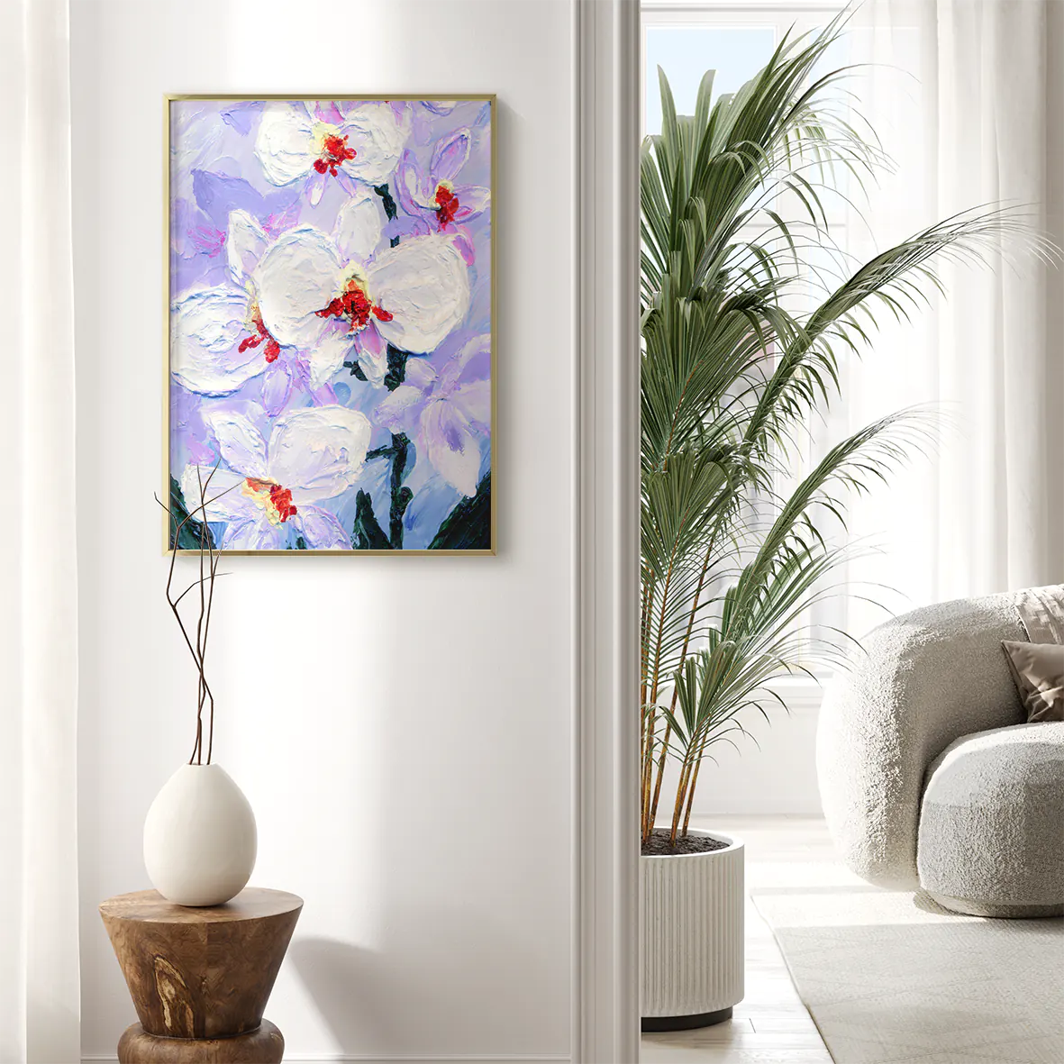 Textured impasto painting of white orchids