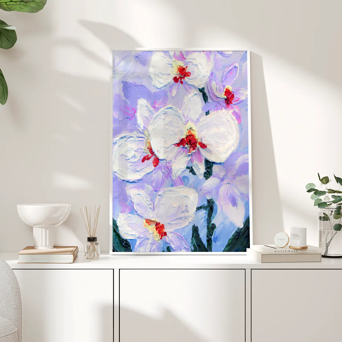 Textured impasto painting of white orchids