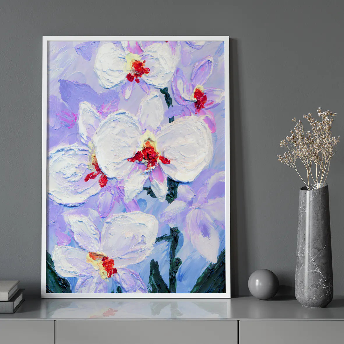 Textured impasto painting of white orchids