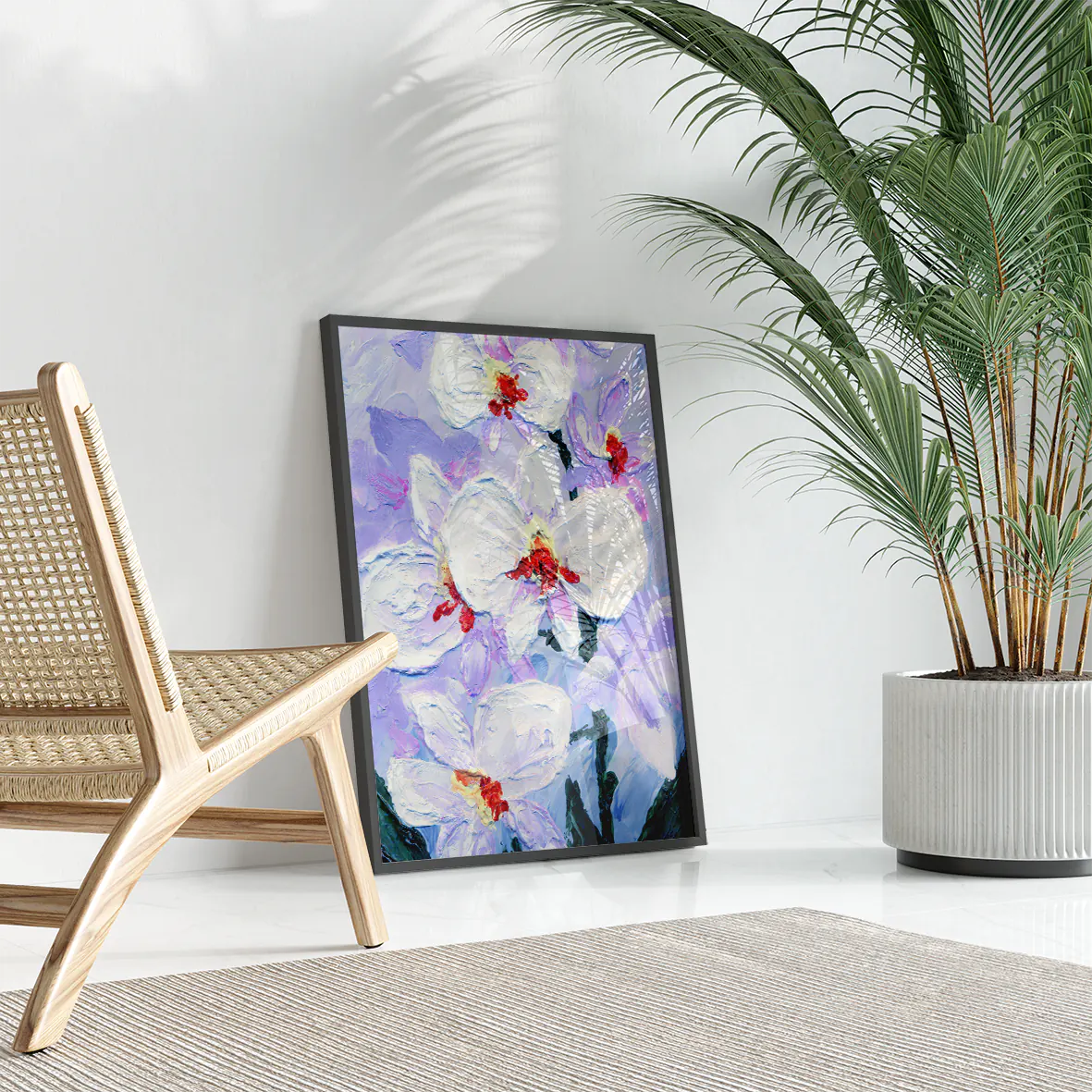 Textured impasto painting of white orchids