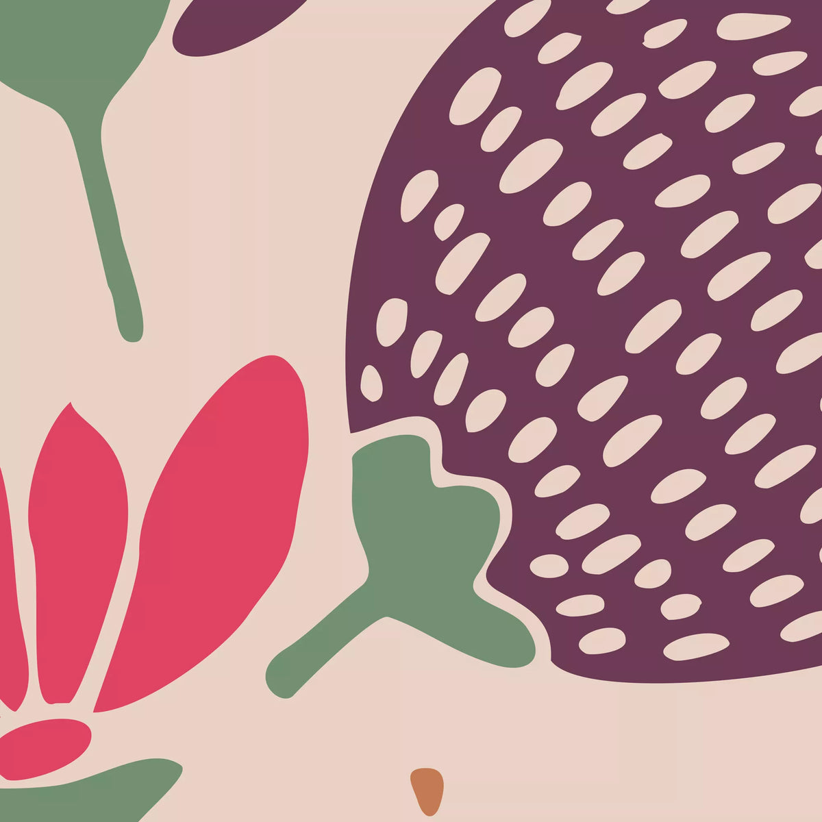 ピンクの背景に描かれた紫の花の粒模様と、赤系の花や緑の葉を拡大したディテール