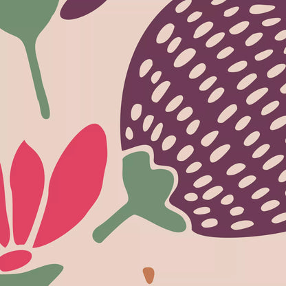 ピンクの背景に描かれた紫の花の粒模様と、赤系の花や緑の葉を拡大したディテール