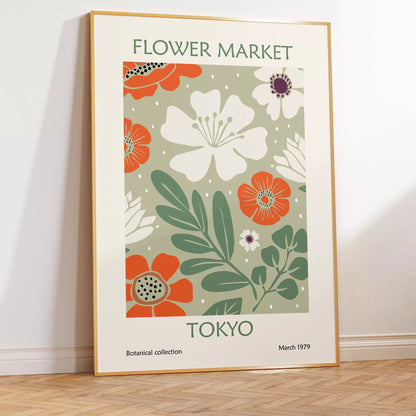セージグリーンの背景に白とオレンジの花を描いた、東京の文字入りフラワーマーケットポスター