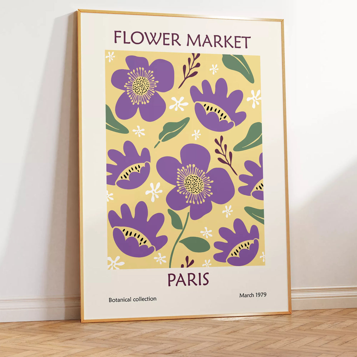 イエローの背景に紫の花を描いた、パリの文字入りフラワーマーケットポスター
