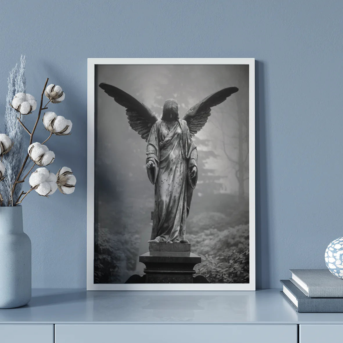 Black and white angel sculpture wall art with exquisite detail and timeless elegance