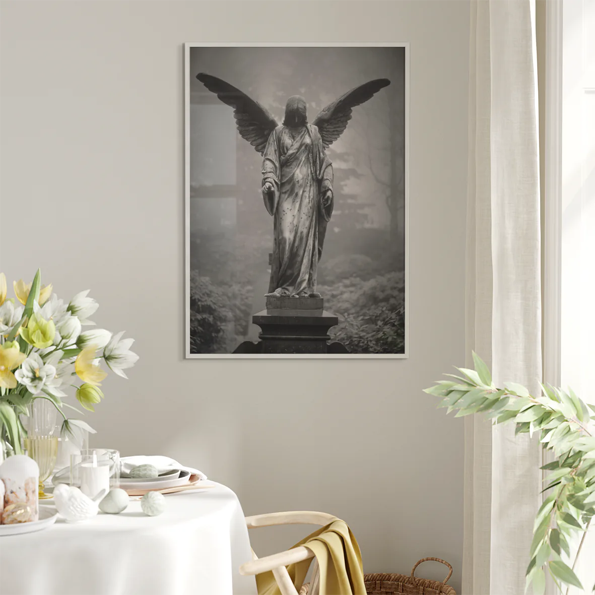 Black and white angel sculpture wall art with exquisite detail and timeless elegance