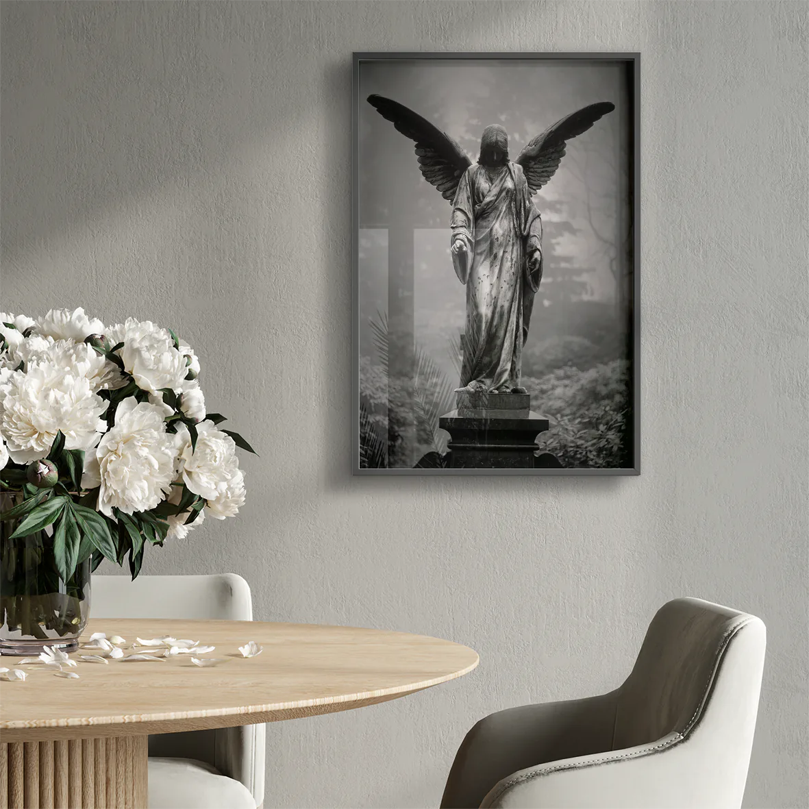 Black and white angel sculpture wall art with exquisite detail and timeless elegance