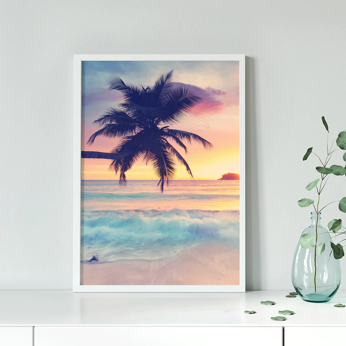 Beautiful beach landscape at dusk with palm tree silhouette wall art 