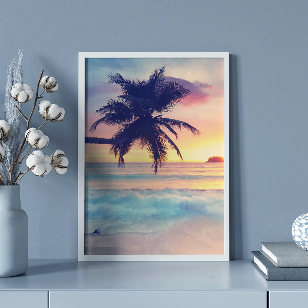 Beautiful beach landscape at dusk with palm tree silhouette wall art 