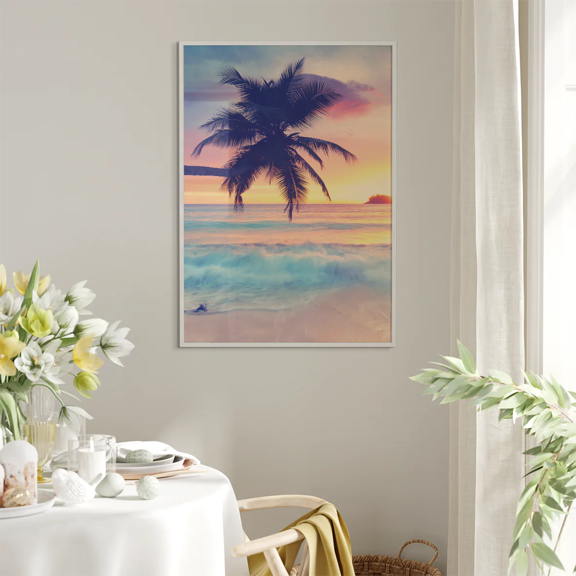 Beautiful beach landscape at dusk with palm tree silhouette wall art 