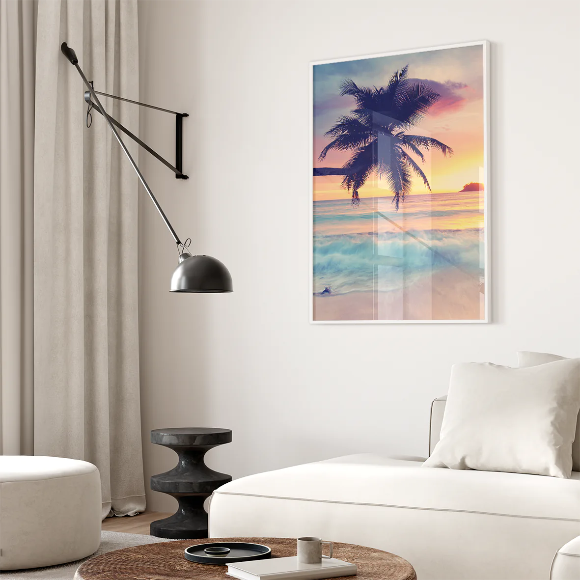 Beautiful beach landscape at dusk with palm tree silhouette wall art 