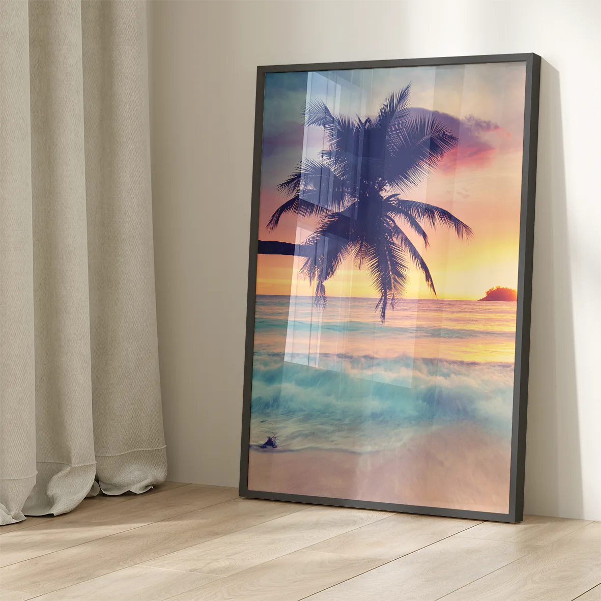 Beautiful beach landscape at dusk with palm tree silhouette wall art 