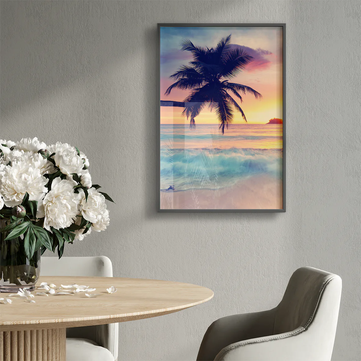 Beautiful beach landscape at dusk with palm tree silhouette wall art 