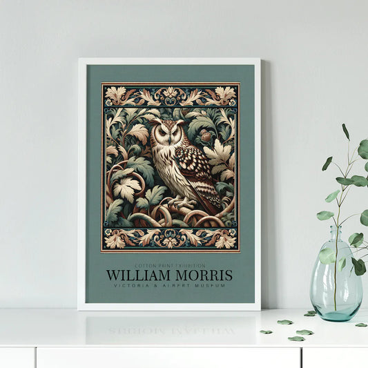 William Morris cotton print featuring an owl among intricate foliage