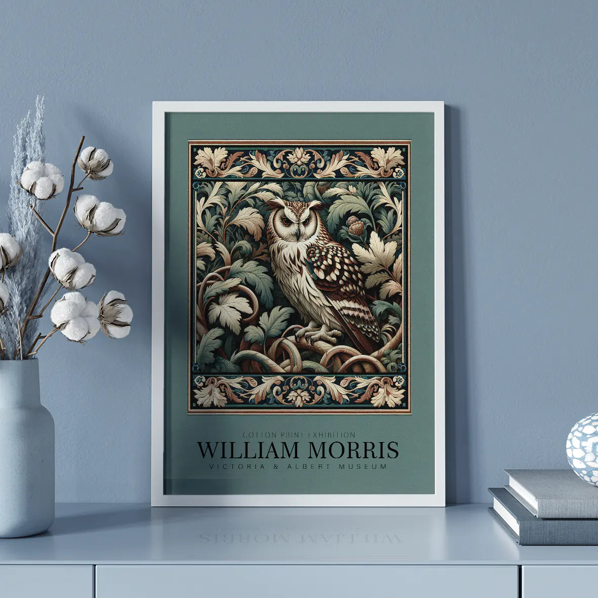 William Morris cotton print featuring an owl among intricate foliage