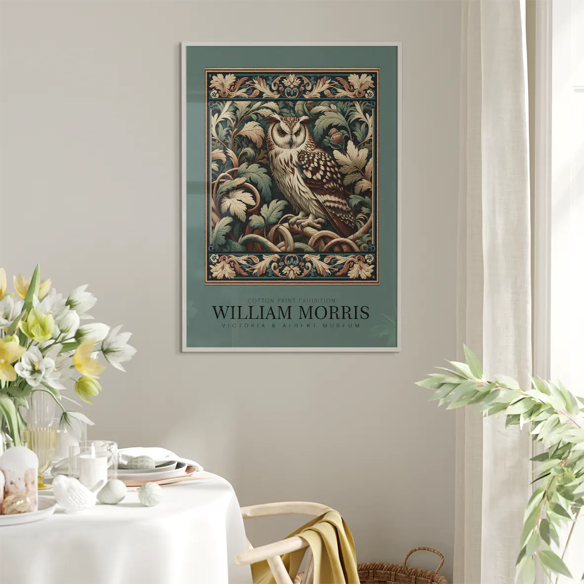 William Morris cotton print featuring an owl among intricate foliage