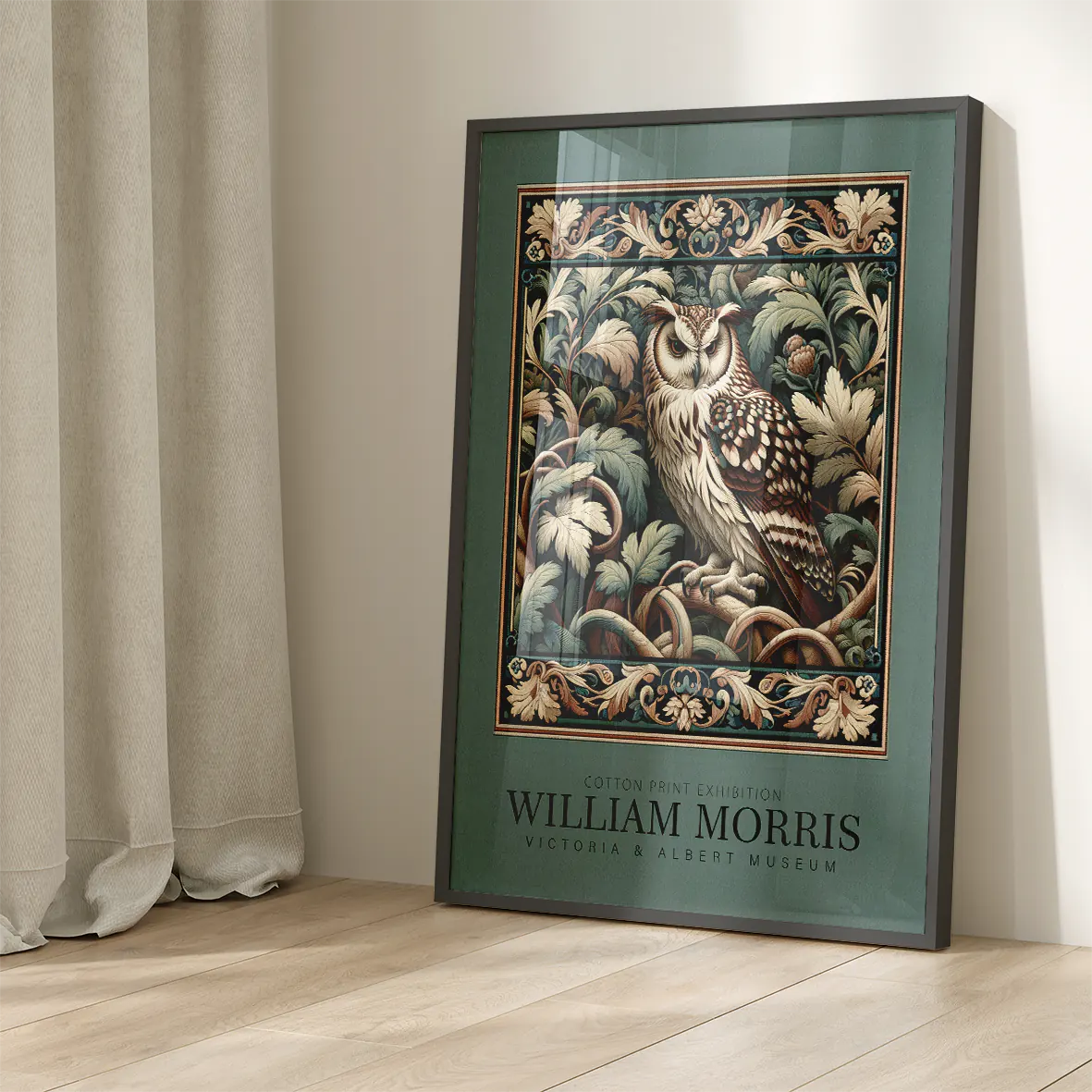 William Morris cotton print featuring an owl among intricate foliage