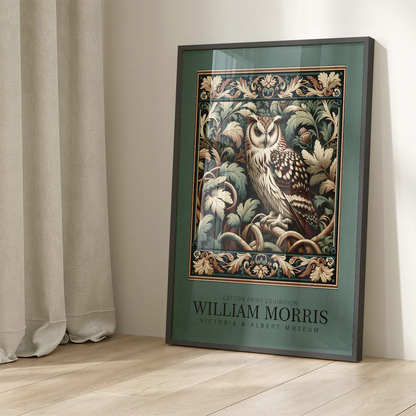 William Morris cotton print featuring an owl among intricate foliage