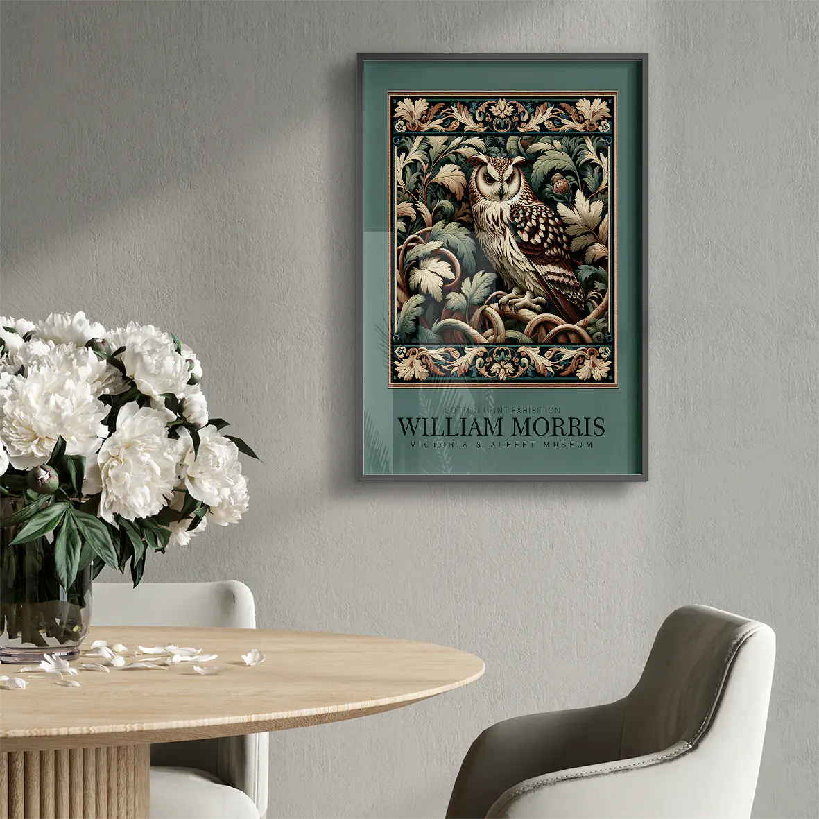 William Morris cotton print featuring an owl among intricate foliage