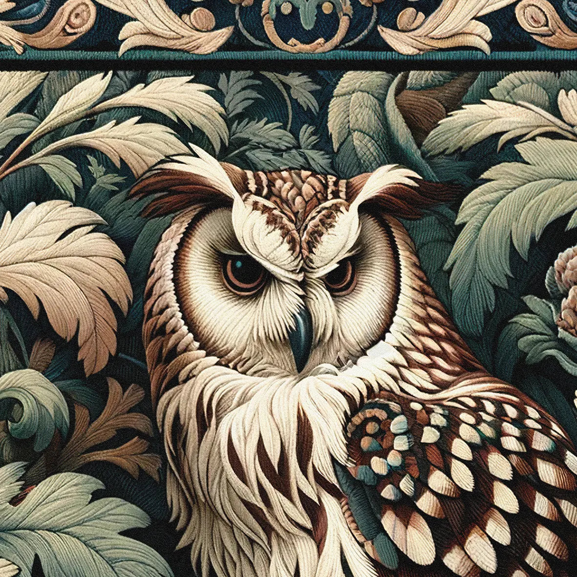 William Morris cotton print featuring an owl among intricate foliage