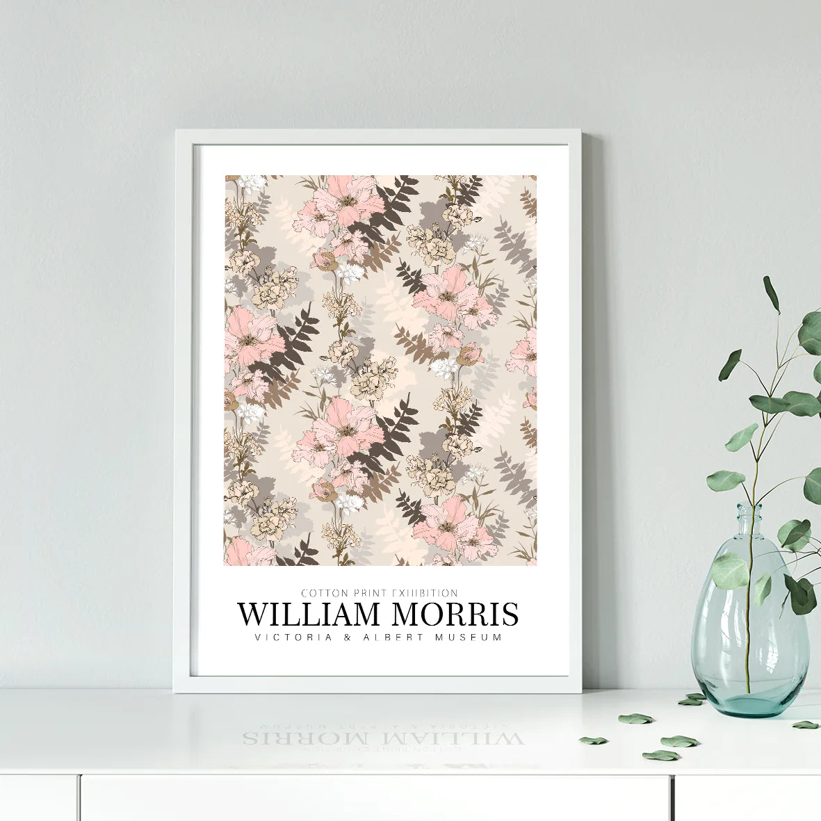 Vintage-inspired floral print by William Morris, featuring soft pastel blooms and neutral tones