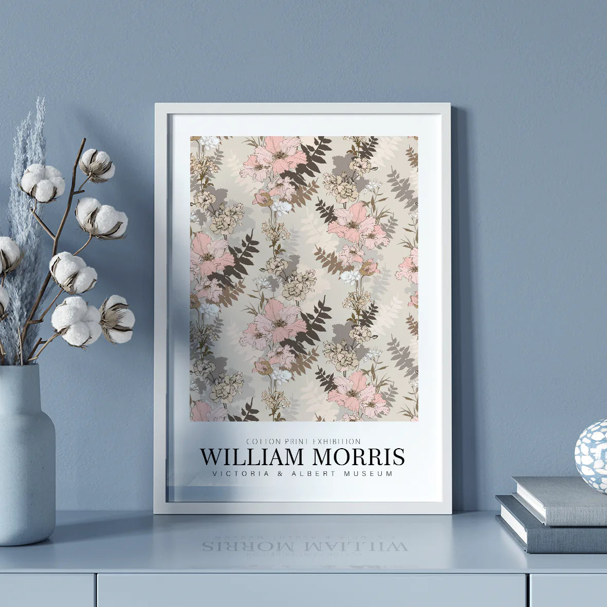 Vintage-inspired floral print by William Morris, featuring soft pastel blooms and neutral tones