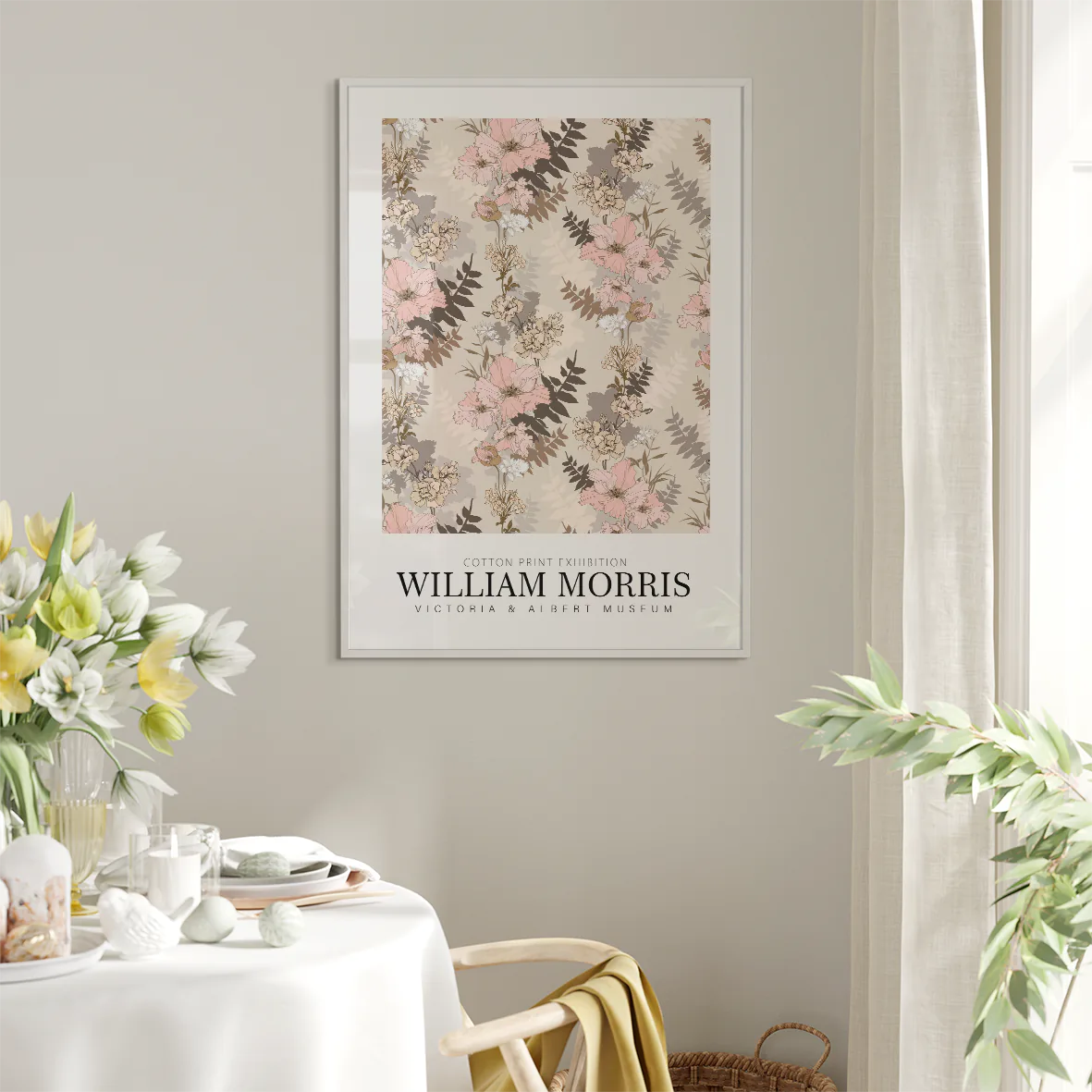 Vintage-inspired floral print by William Morris, featuring soft pastel blooms and neutral tones