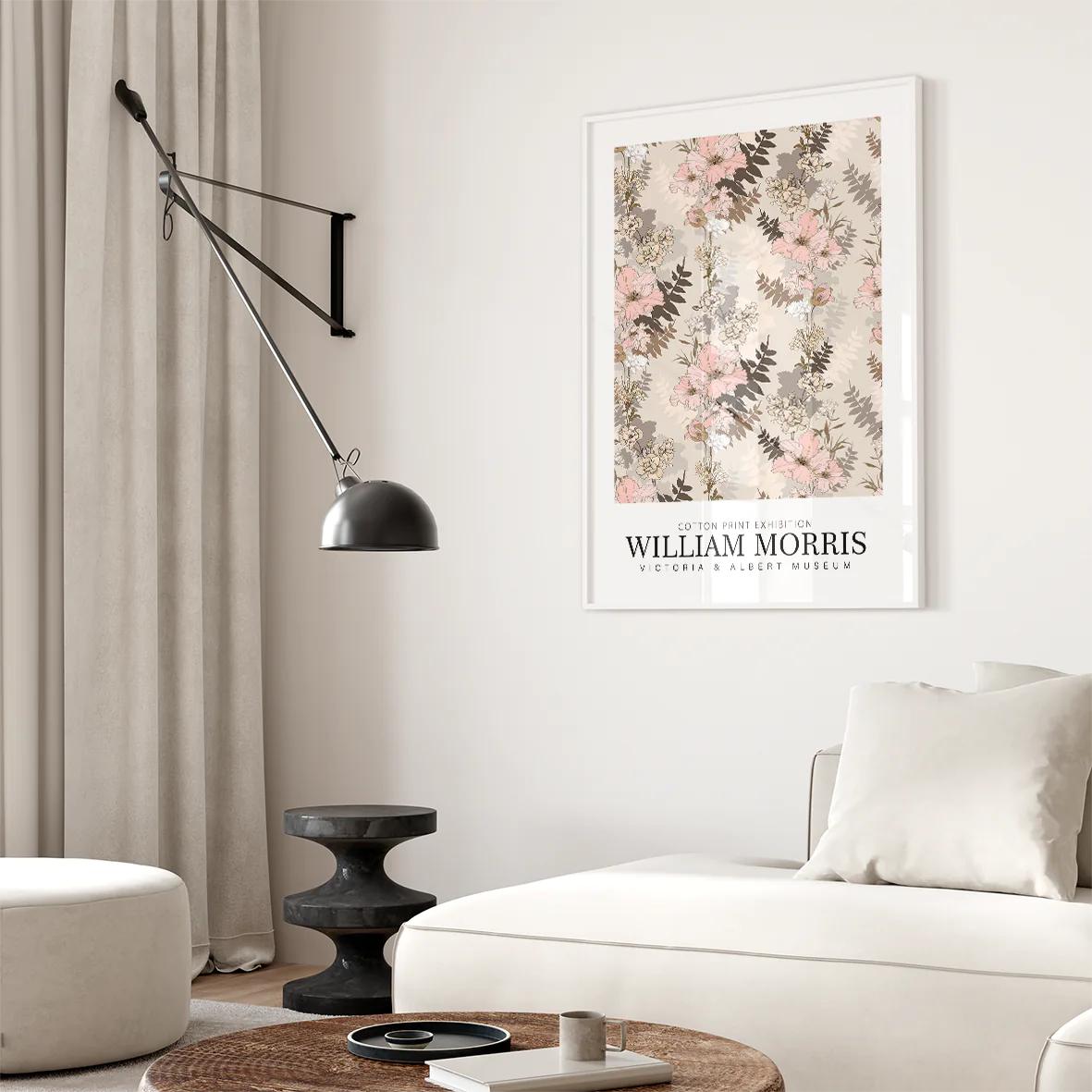 Vintage-inspired floral print by William Morris, featuring soft pastel blooms and neutral tones