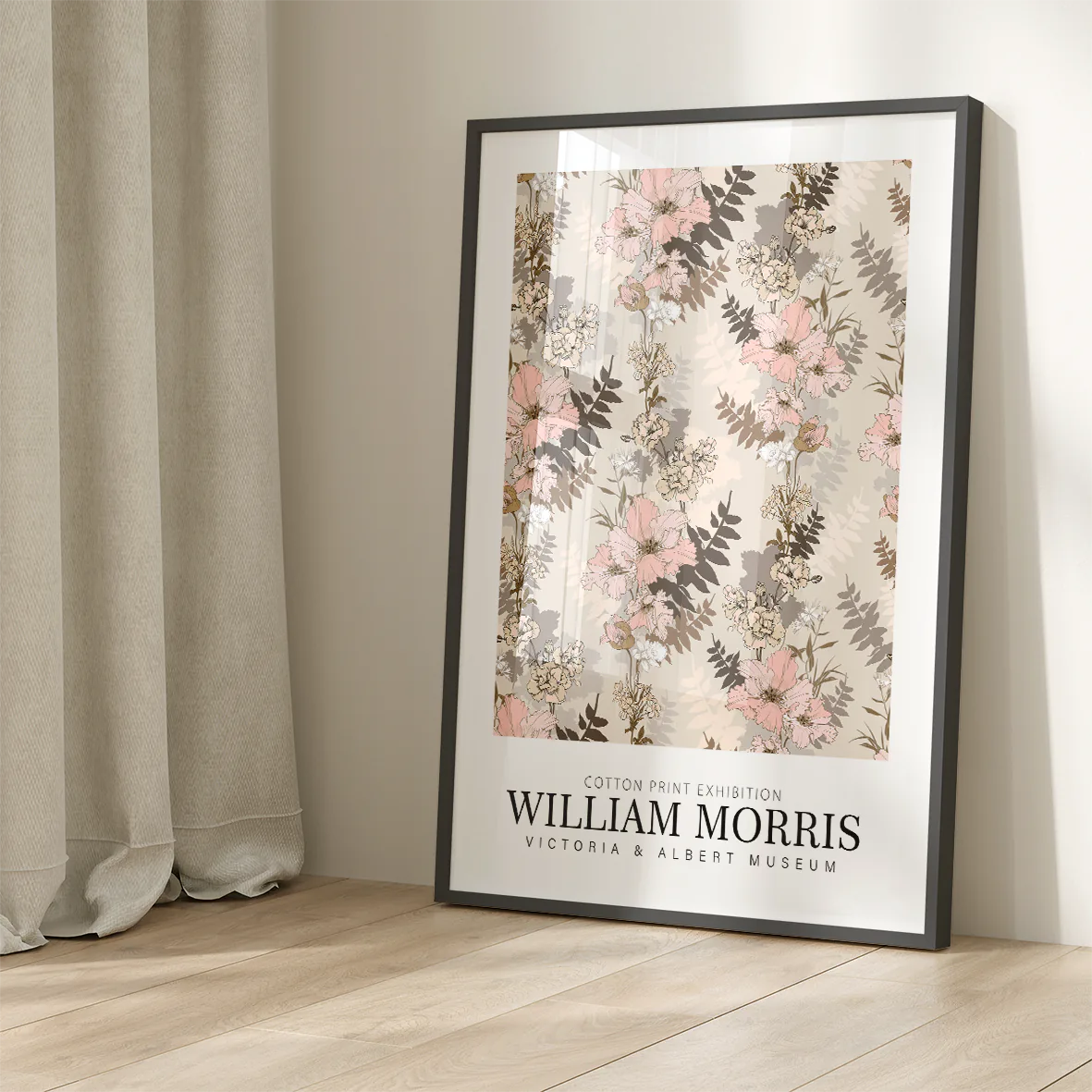 Vintage-inspired floral print by William Morris, featuring soft pastel blooms and neutral tones