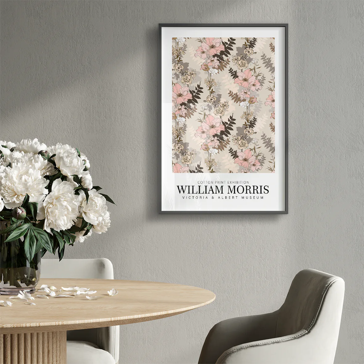 Vintage-inspired floral print by William Morris, featuring soft pastel blooms and neutral tones