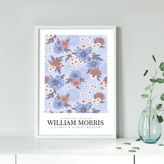 William Morris exhibition cotton print with pastel flowers on a blue background