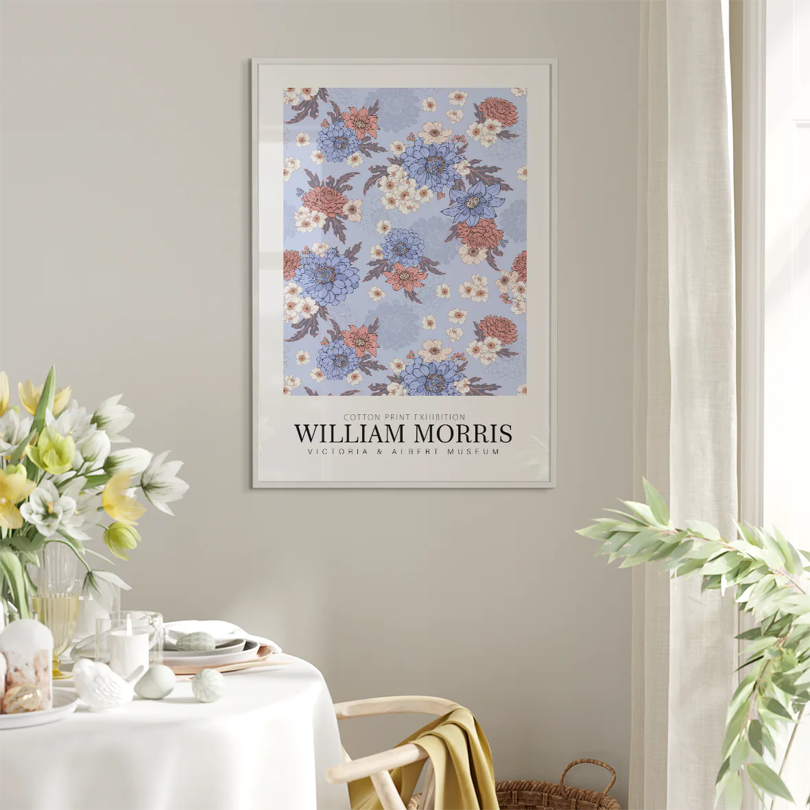 William Morris exhibition cotton print with pastel flowers on a blue background