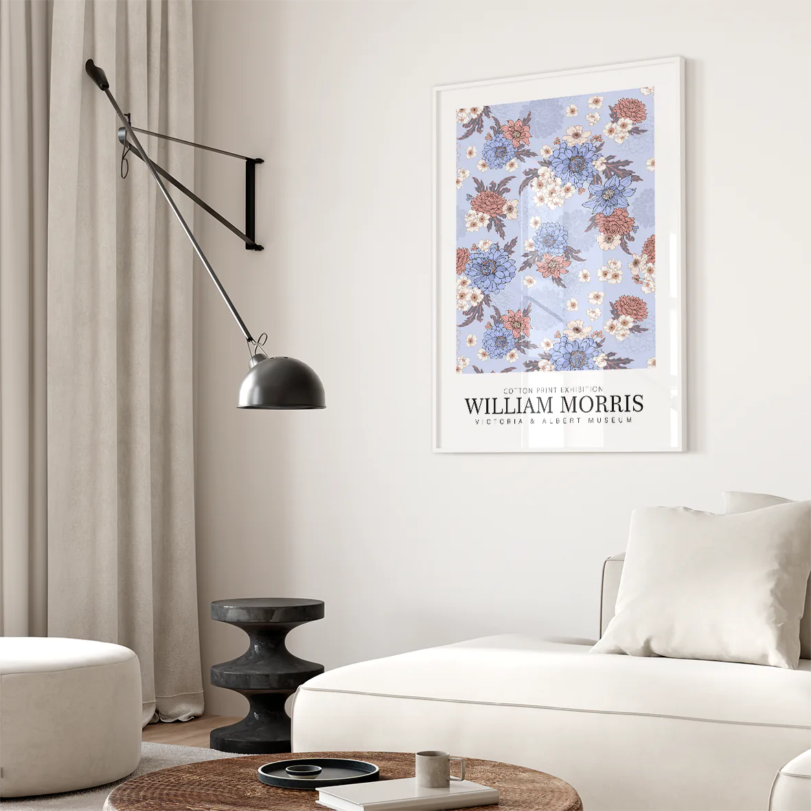 William Morris exhibition cotton print with pastel flowers on a blue background