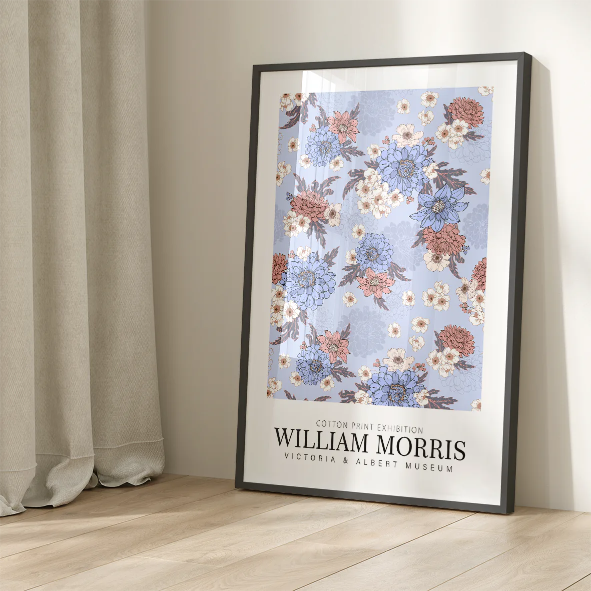 William Morris exhibition cotton print with pastel flowers on a blue background