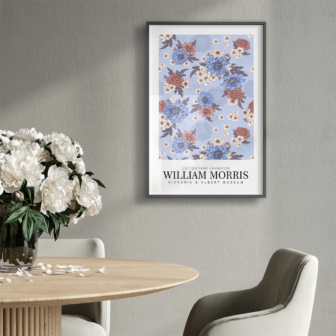 William Morris exhibition cotton print with pastel flowers on a blue background