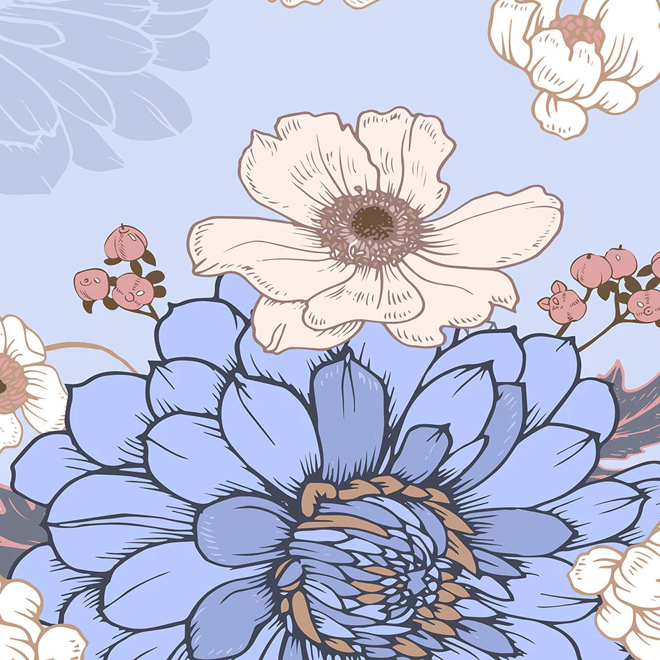 William Morris exhibition cotton print with pastel flowers on a blue background