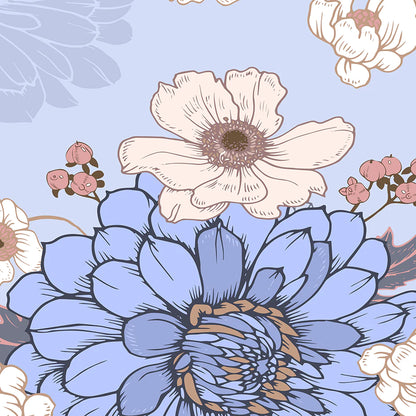 William Morris exhibition cotton print with pastel flowers on a blue background