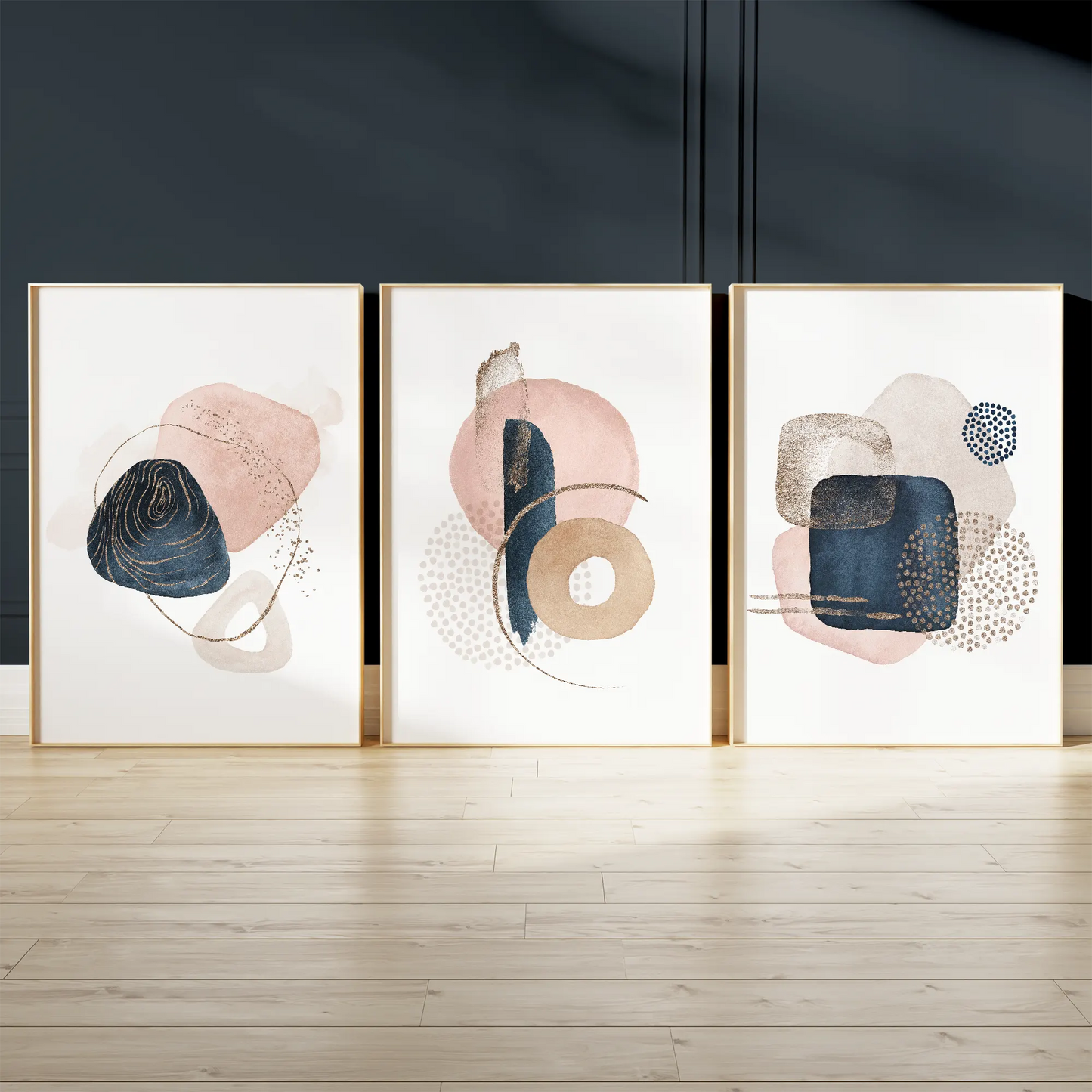 抽象幾何学ピンクネイビーゴールドのミニマルアートポスター 北欧モダンインテリア 3枚セット