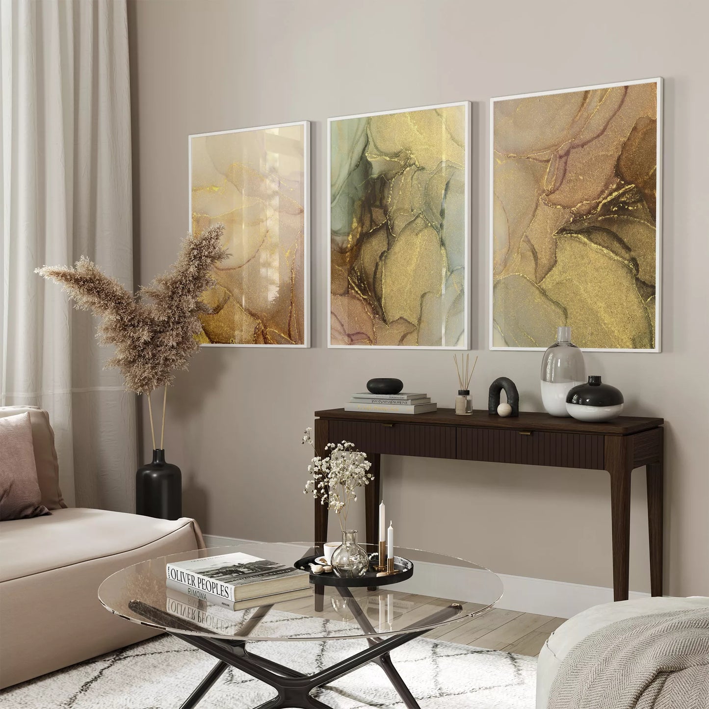 ゴールドマーブルが美しい抽象アートポスター3枚セット、リビングや玄関におすすめ