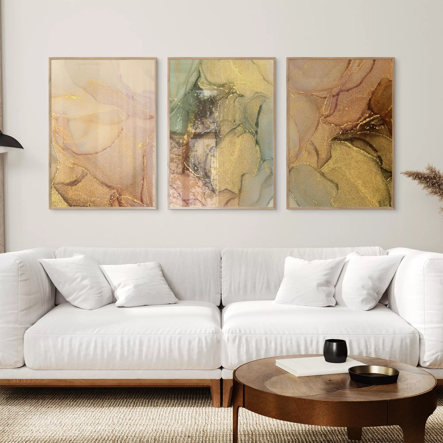 ゴールドマーブルが美しい抽象アートポスター3枚セット、リビングや玄関におすすめ