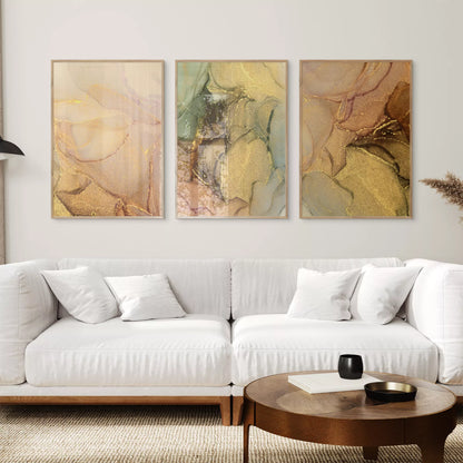 ゴールドマーブルが美しい抽象アートポスター3枚セット、リビングや玄関におすすめ