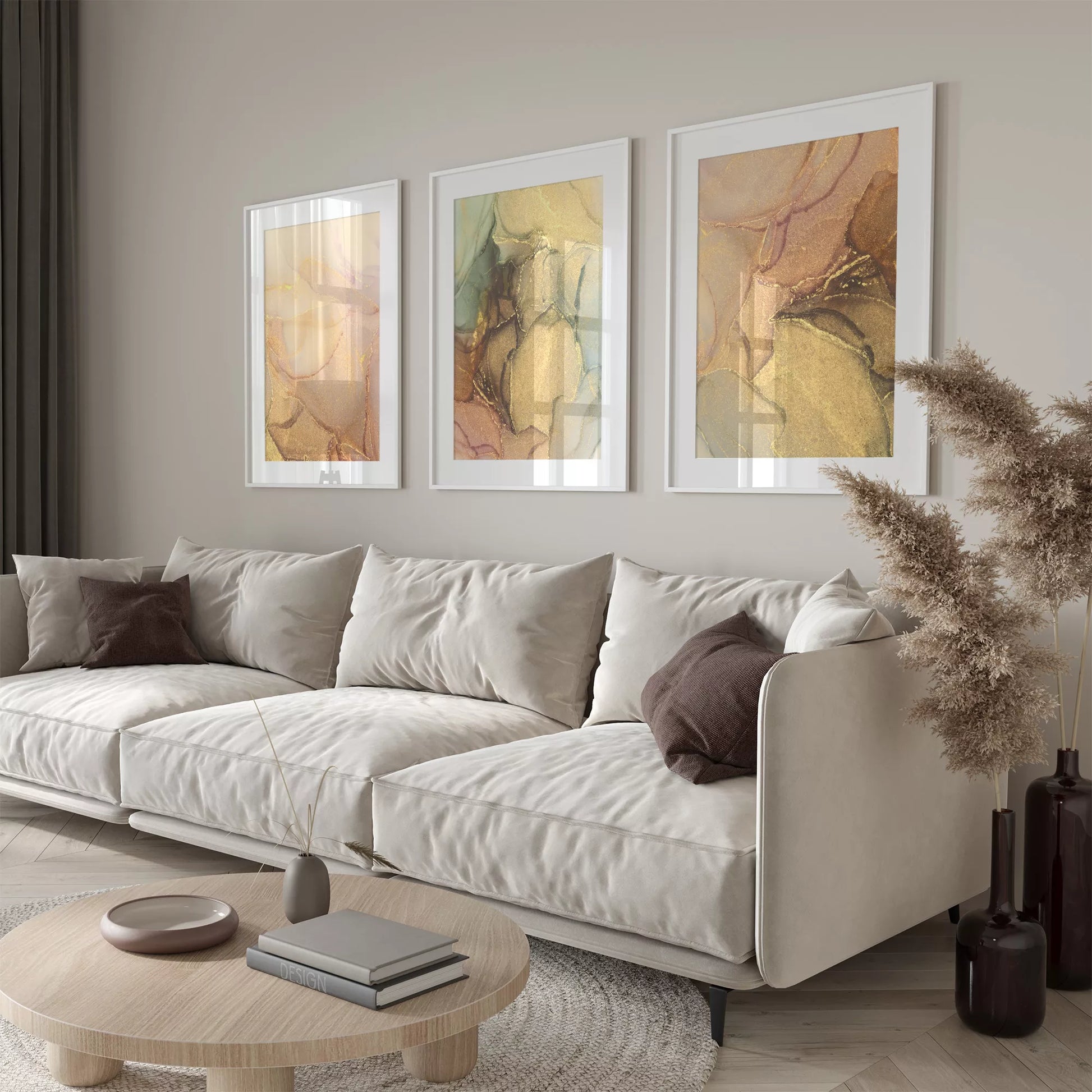 ゴールドマーブルが美しい抽象アートポスター3枚セット、リビングや玄関におすすめ