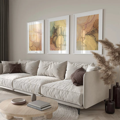 ゴールドマーブルが美しい抽象アートポスター3枚セット、リビングや玄関におすすめ